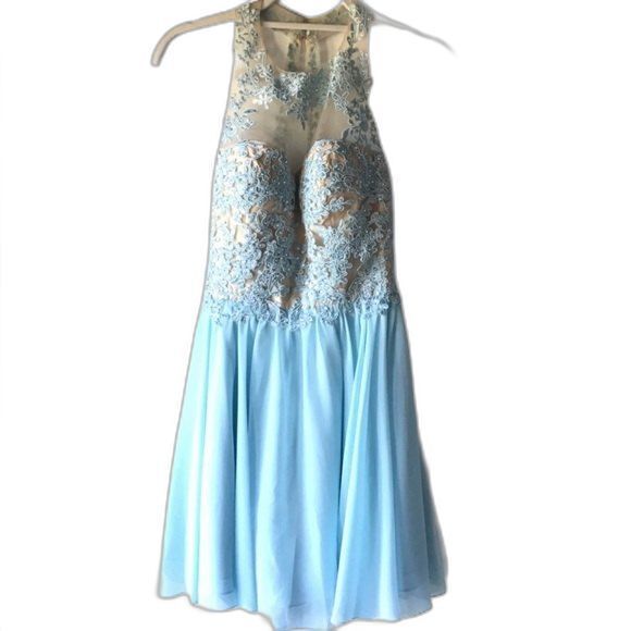 Dancing Queen Lace Applique Illusion Scoop Neck Cocktail Dress Baby Blue Size S